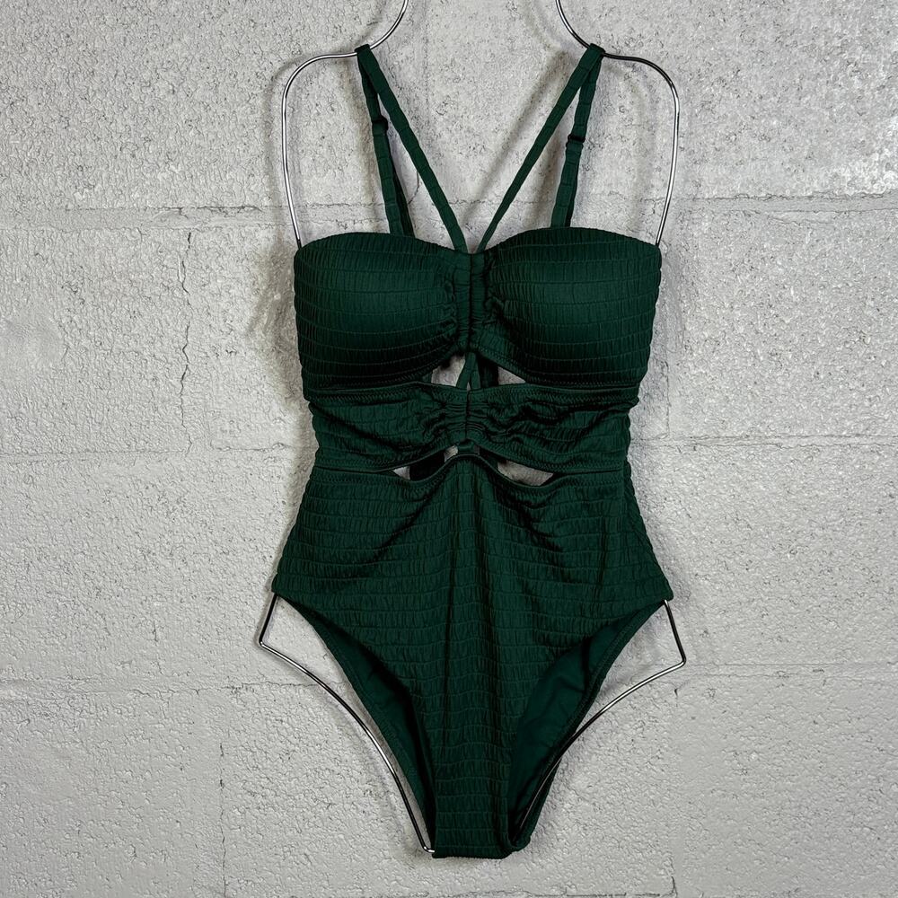 Bar III Women's Pucker up Textured Cutout Swimsuit, Fiji Foliage M $94